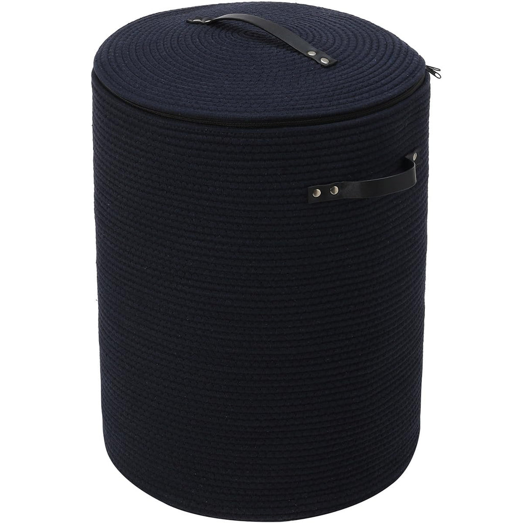 16"x20" Extra Large Cotton Rope Basket with Zipper Lid, Woven Laundry Hamper and Blanket Storage Basket, Round Clothes Bin for Living Room Bedroom, Navy Blue