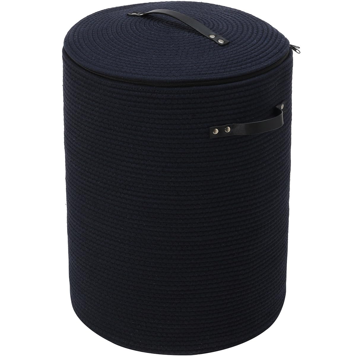 16"x20" Extra Large Cotton Rope Basket with Zipper Lid, Woven Laundry Hamper and Blanket Storage Basket, Round Clothes Bin for Living Room Bedroom, Navy Blue
