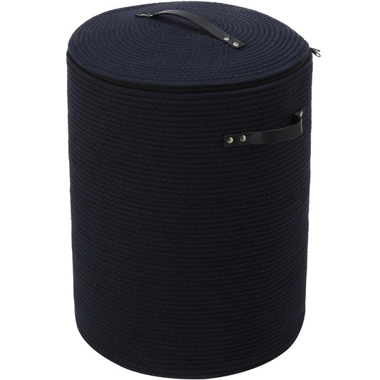 16"x20" Extra Large Cotton Rope Basket with Zipper Lid, Woven Laundry Hamper and Blanket Storage Basket, Round Clothes Bin for Living Room Bedroom, Navy Blue