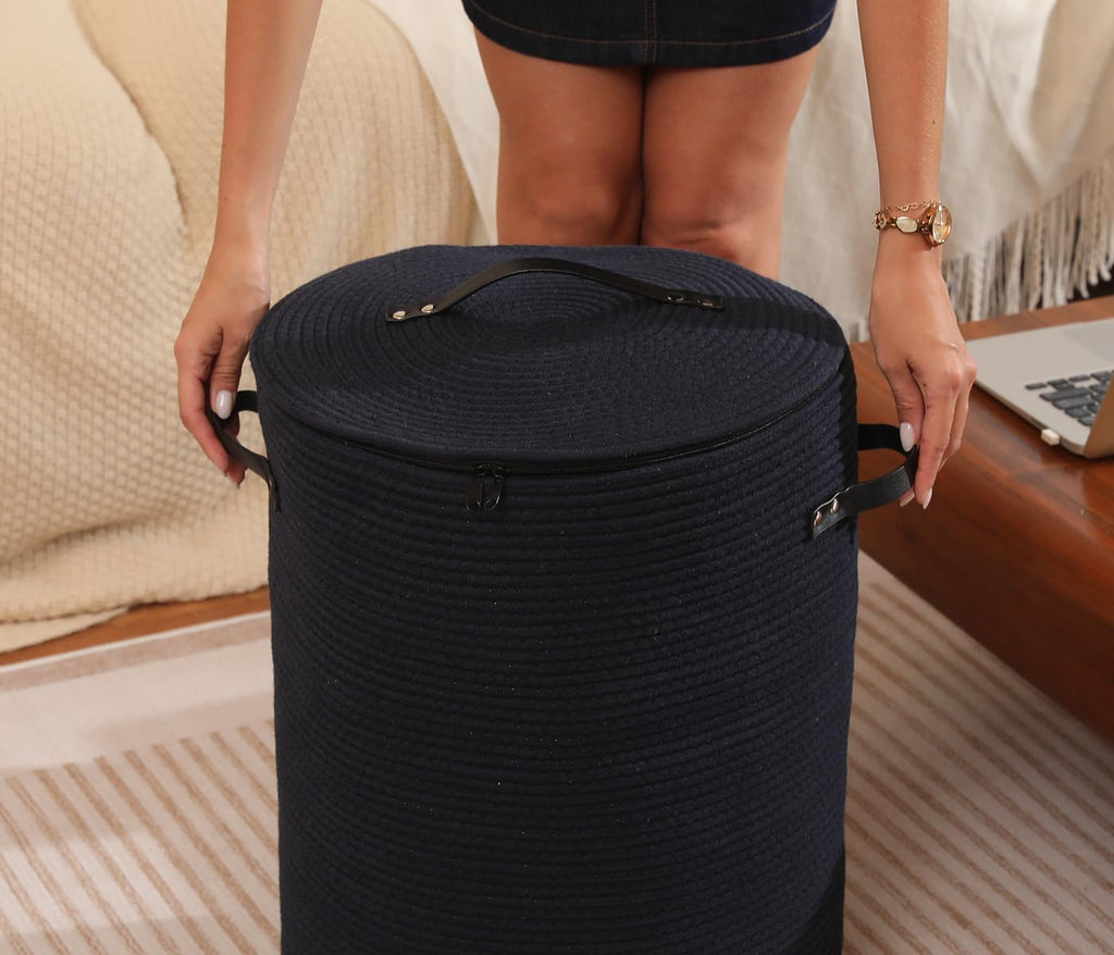 16"x20" Extra Large Cotton Rope Basket with Zipper Lid, Woven Laundry Hamper and Blanket Storage Basket, Round Clothes Bin for Living Room Bedroom, Navy Blue