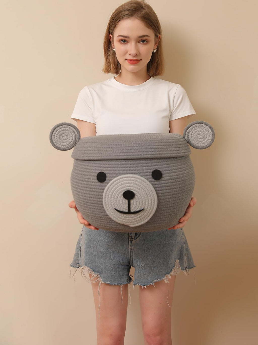 15x12 Inch Bear Hamper with Lid, Handcrafted Cotton Rope Animal Storage Basket, Woven Teddy Bear Bin for Kids Bedroom Playroom, Grey