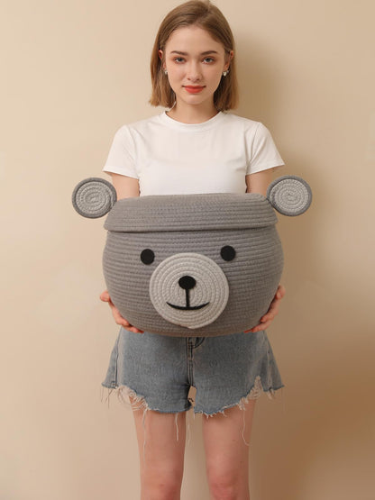 15x12 Inch Bear Hamper with Lid, Handcrafted Cotton Rope Animal Storage Basket, Woven Teddy Bear Bin for Kids Bedroom Playroom, Grey