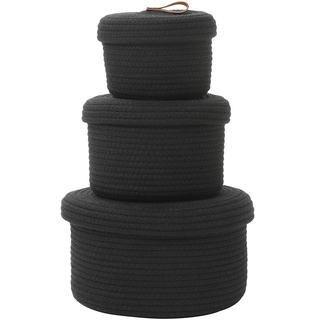 Set of 3 Small Woven Baskets with Lids, Cotton Rope Round Nesting Storage Basket Set for Shelf Nightstand Bathroom, 10x6 8x5 6x4 Inch, Black