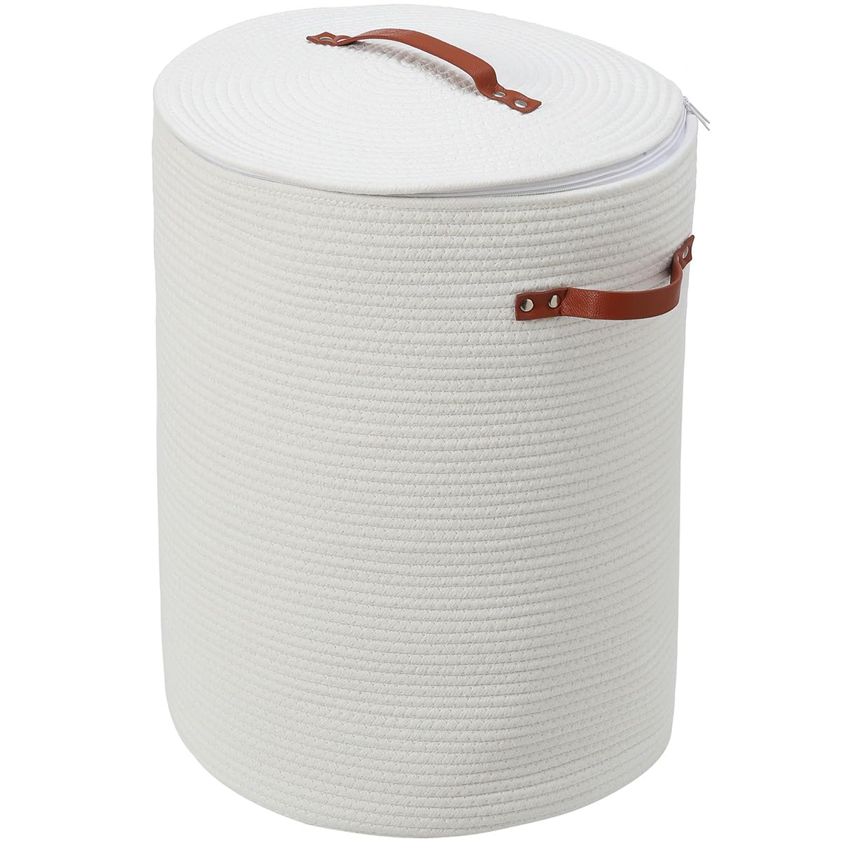16"x20" Extra Large Cotton Rope Basket with Zipper Lid, Woven Laundry Hamper and Blanket Storage Basket, Round Clothes Bin for Living Room Bedroom, White