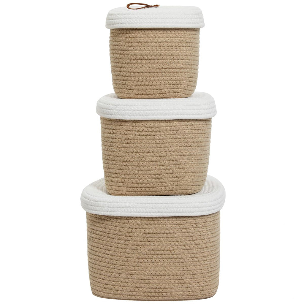 Set of 3 Nesting Woven Storage Baskets with Lids, Cotton Rope Decorative Basket Set for Shelf Closet Living Room Organizing, Square Beige & White