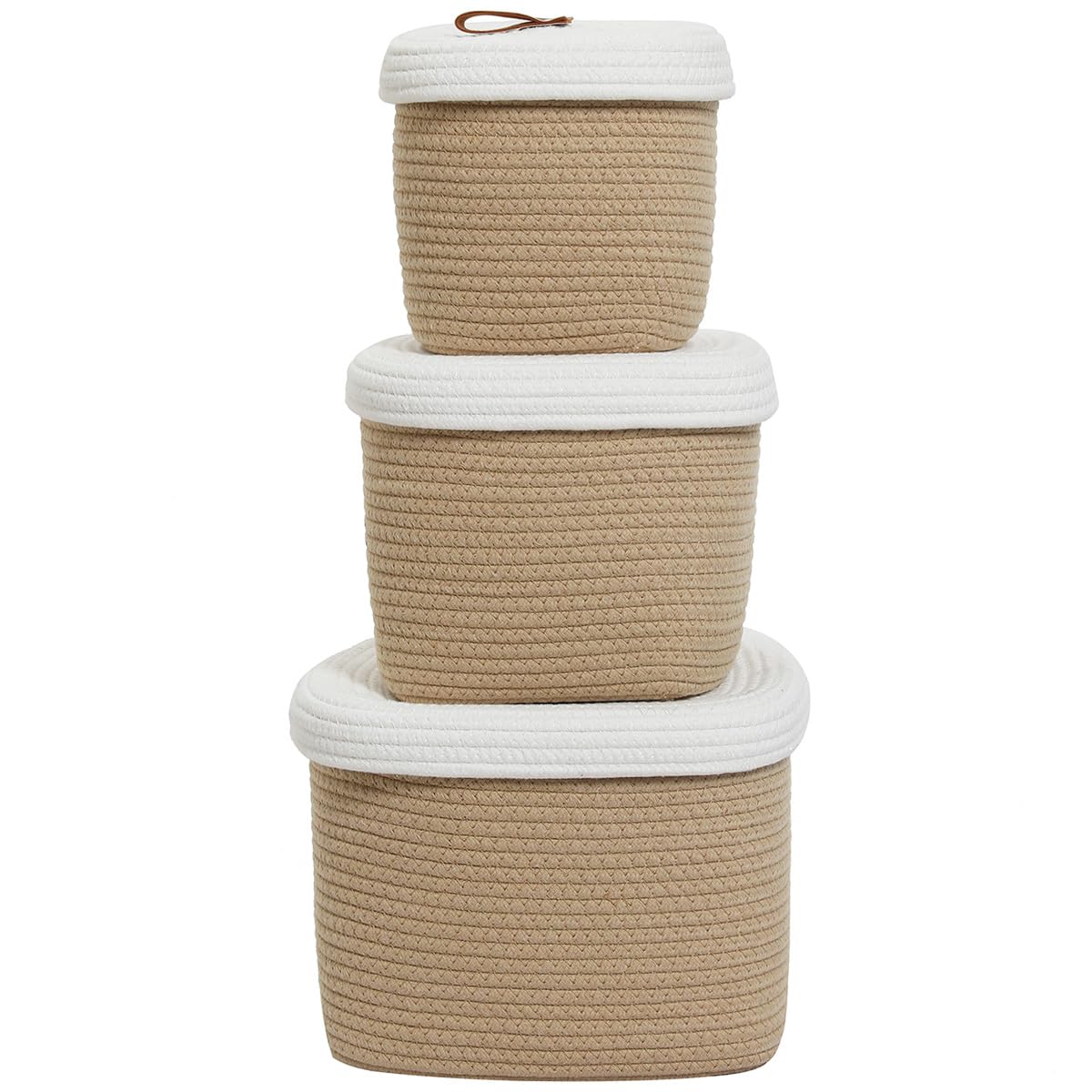 Set of 3 Nesting Woven Storage Baskets with Lids, Cotton Rope Decorative Basket Set for Shelf Closet Living Room Organizing, Square Beige & White