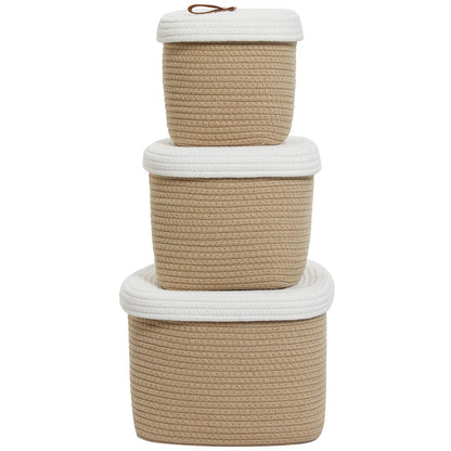 Set of 3 Nesting Woven Storage Baskets with Lids, Cotton Rope Decorative Basket Set for Shelf Closet Living Room Organizing, Square Beige & White