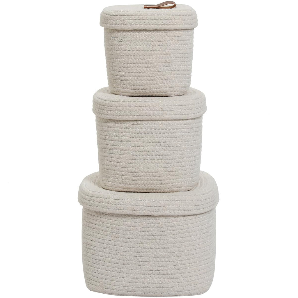 Set of 3 Nesting Woven Storage Baskets with Lids, Cotton Rope Decorative Basket Set for Shelf Closet Living Room Organizing, Square Off White