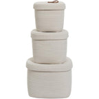 Set of 3 Nesting Woven Storage Baskets with Lids, Cotton Rope Decorative Basket Set for Shelf Closet Living Room Organizing, Square Off White