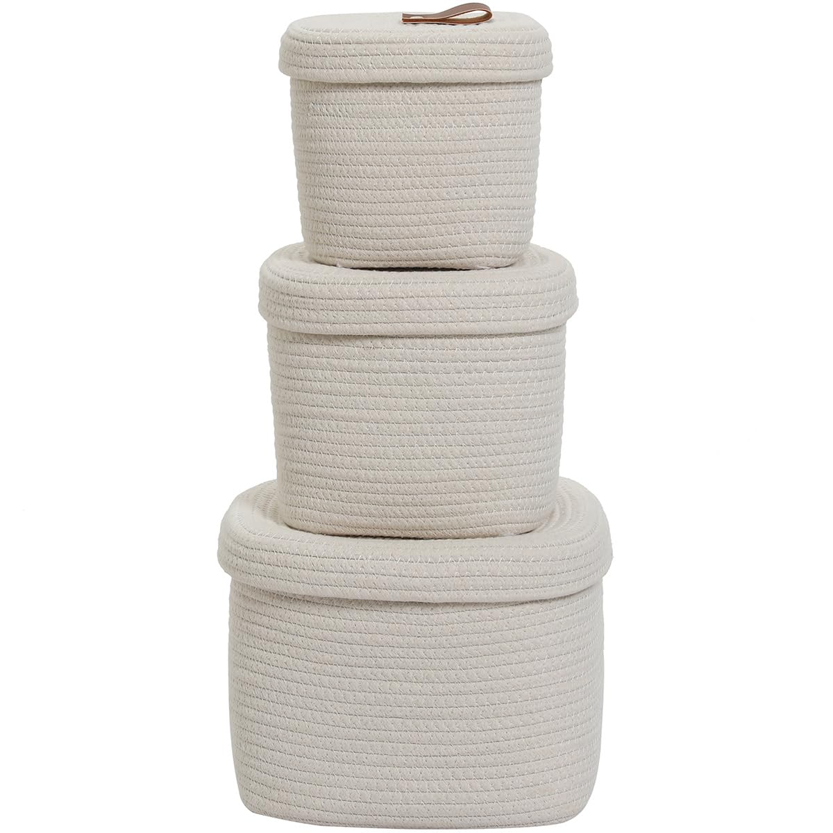 Set of 3 Nesting Woven Storage Baskets with Lids, Cotton Rope Decorative Basket Set for Shelf Closet Living Room Organizing, Square Off White