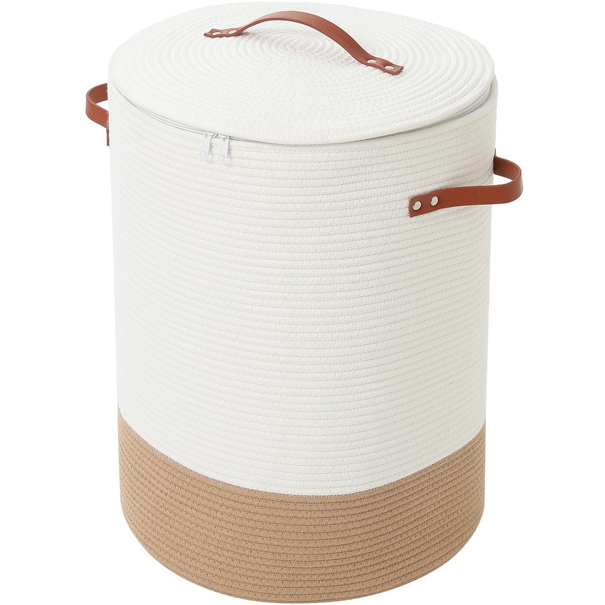 16"x20" Extra Large Cotton Rope Basket with Zipper Lid, Woven Laundry Hamper and Blanket Storage Basket, Round Clothes Bin for Living Room Bedroom, Cream & Camel