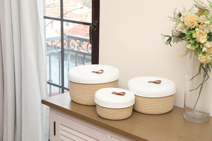 Set of 3 Round Cotton Rope Baskets with Lids - for Home Decor and Organisation, Beige/White Lid