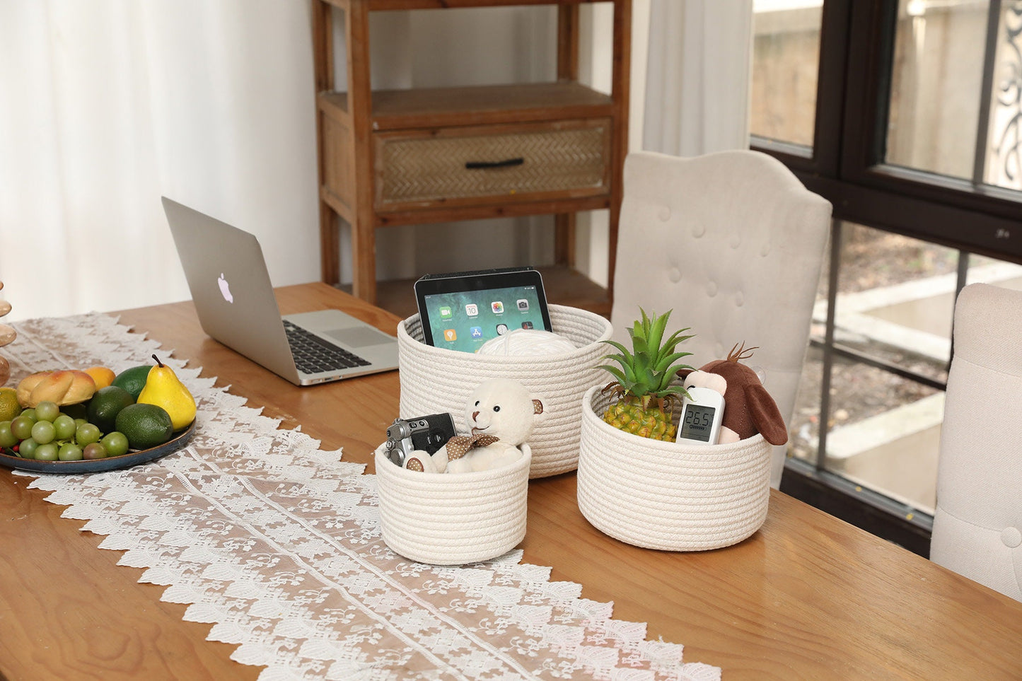 Set of 3 Round Cotton Rope Baskets with Lids - for Home Decor and Organisation, Off White