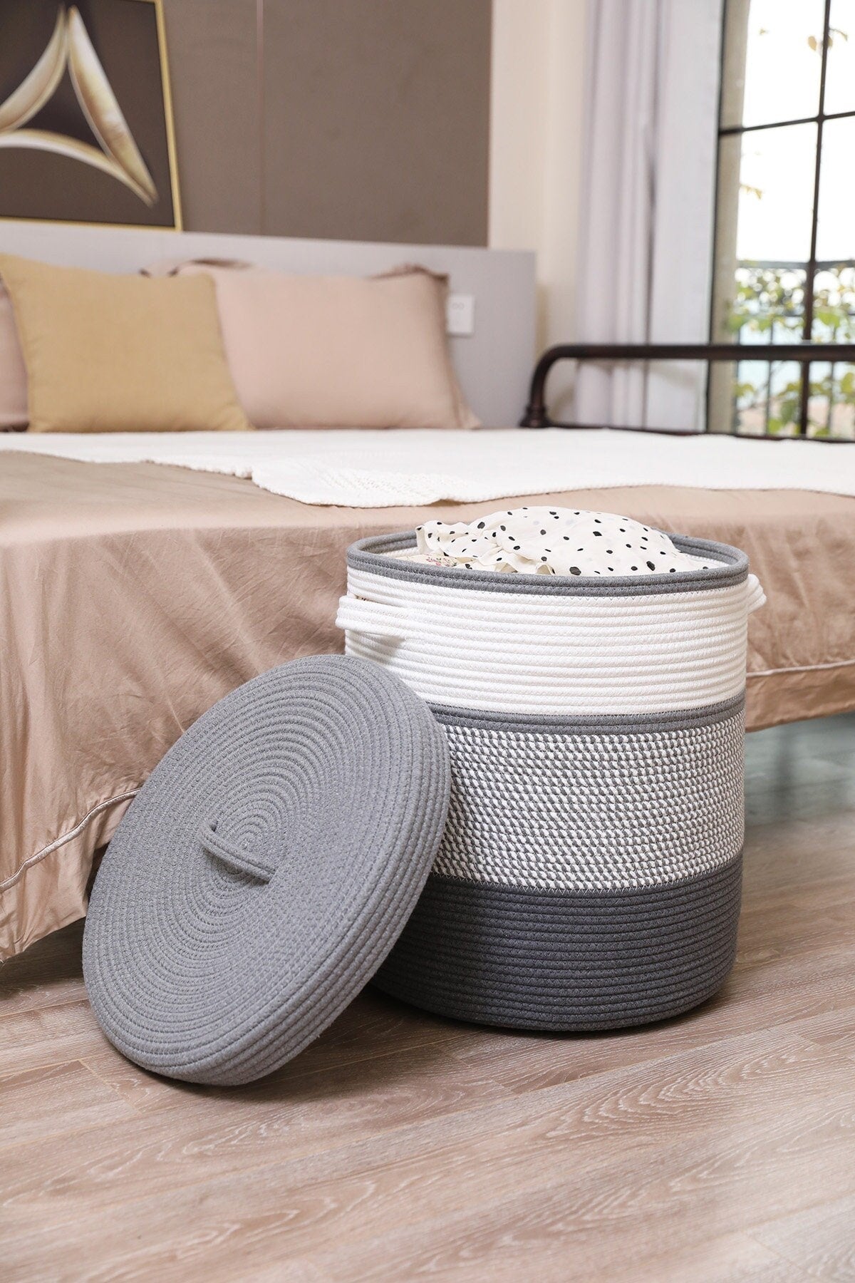 16" x 16" x 18" Large Cotton Rope Storage Basket with Lid, Grey Mix/Dark Grey