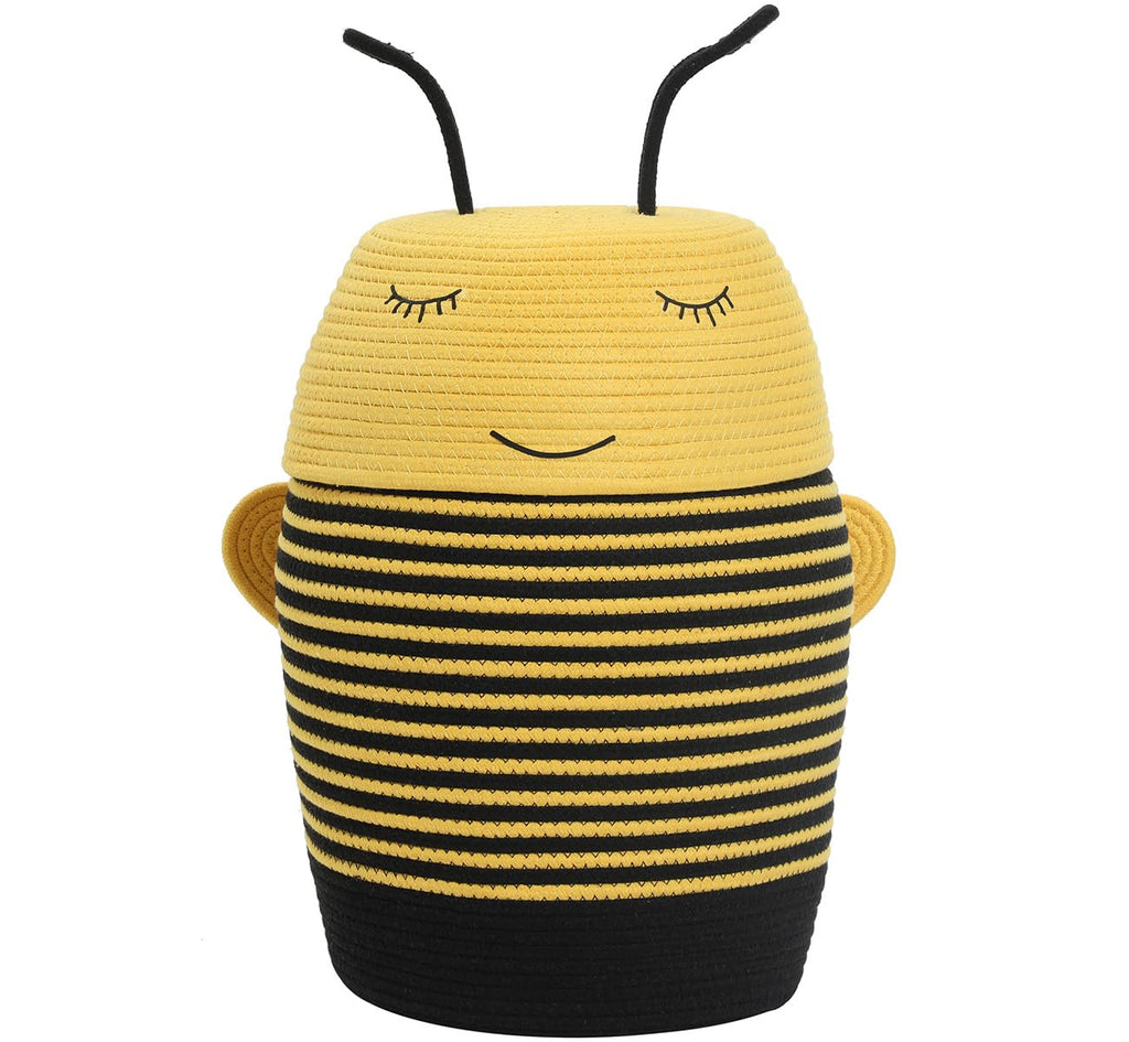 12x18 Inch Bee Basket with Lid, Handcrafted Cotton Rope Animal Storage Bin, Striped Bumble Bee Decor for Kids Bedroom Playroom, Yellow