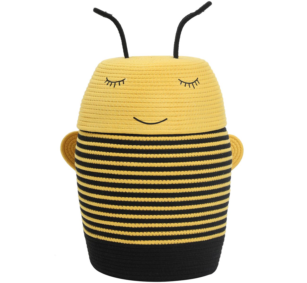 12x18 Inch Bee Basket with Lid, Handcrafted Cotton Rope Animal Storage Bin, Striped Bumble Bee Decor for Kids Bedroom Playroom, Yellow