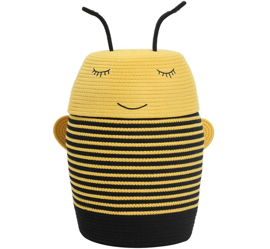 12x18 Inch Bee Basket with Lid, Handcrafted Cotton Rope Animal Storage Bin, Striped Bumble Bee Decor for Kids Bedroom Playroom, Yellow