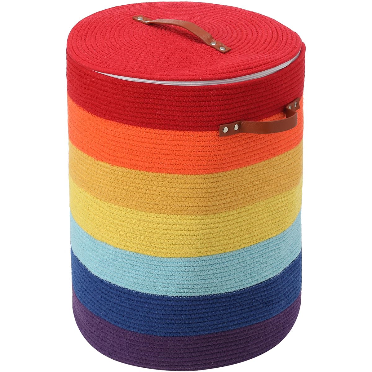16"x20" Extra Large Cotton Rope Basket with Zipper Lid, Woven Laundry Hamper and Blanket Storage Basket, Round Clothes Bin for Living Room Bedroom, Rainbow Multicolor