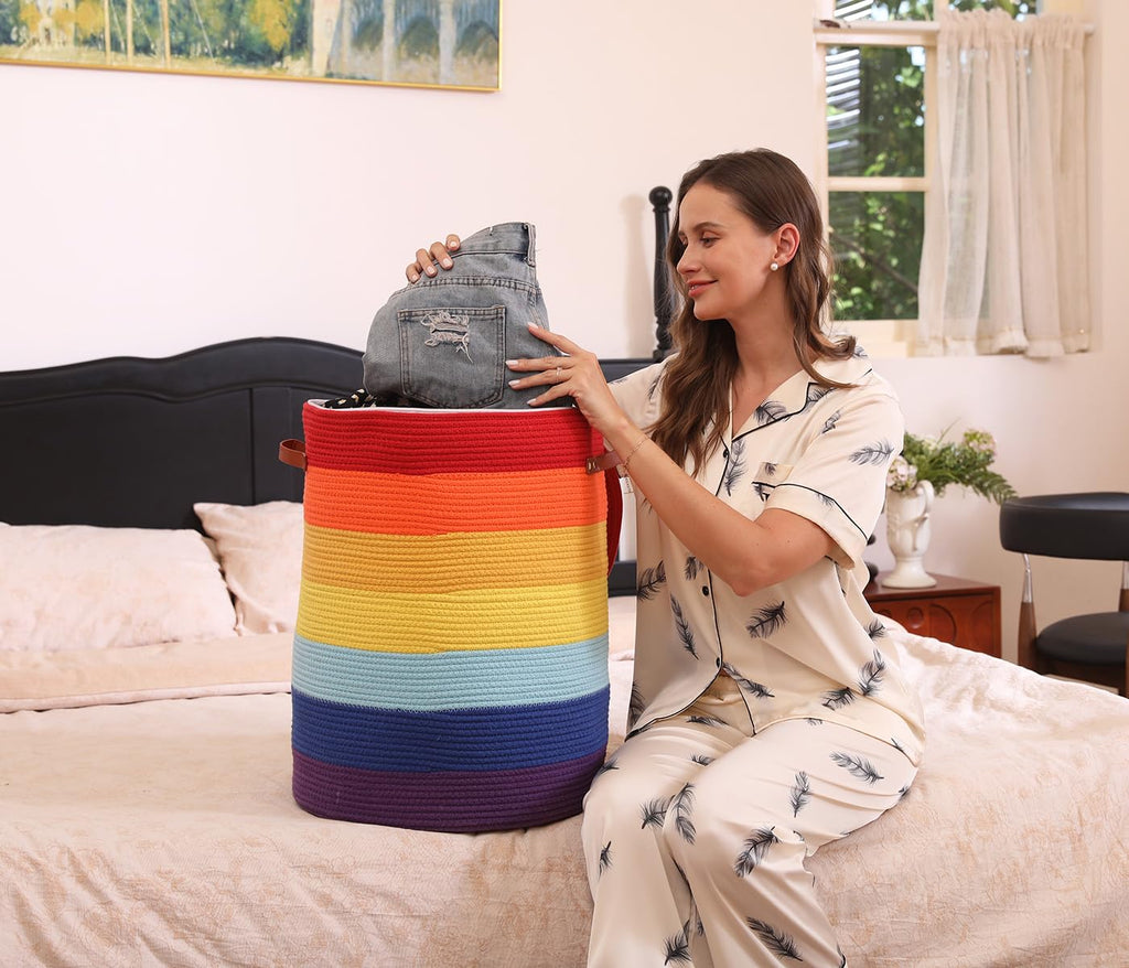 16"x20" Extra Large Cotton Rope Basket with Zipper Lid, Woven Laundry Hamper and Blanket Storage Basket, Round Clothes Bin for Living Room Bedroom, Rainbow Multicolor