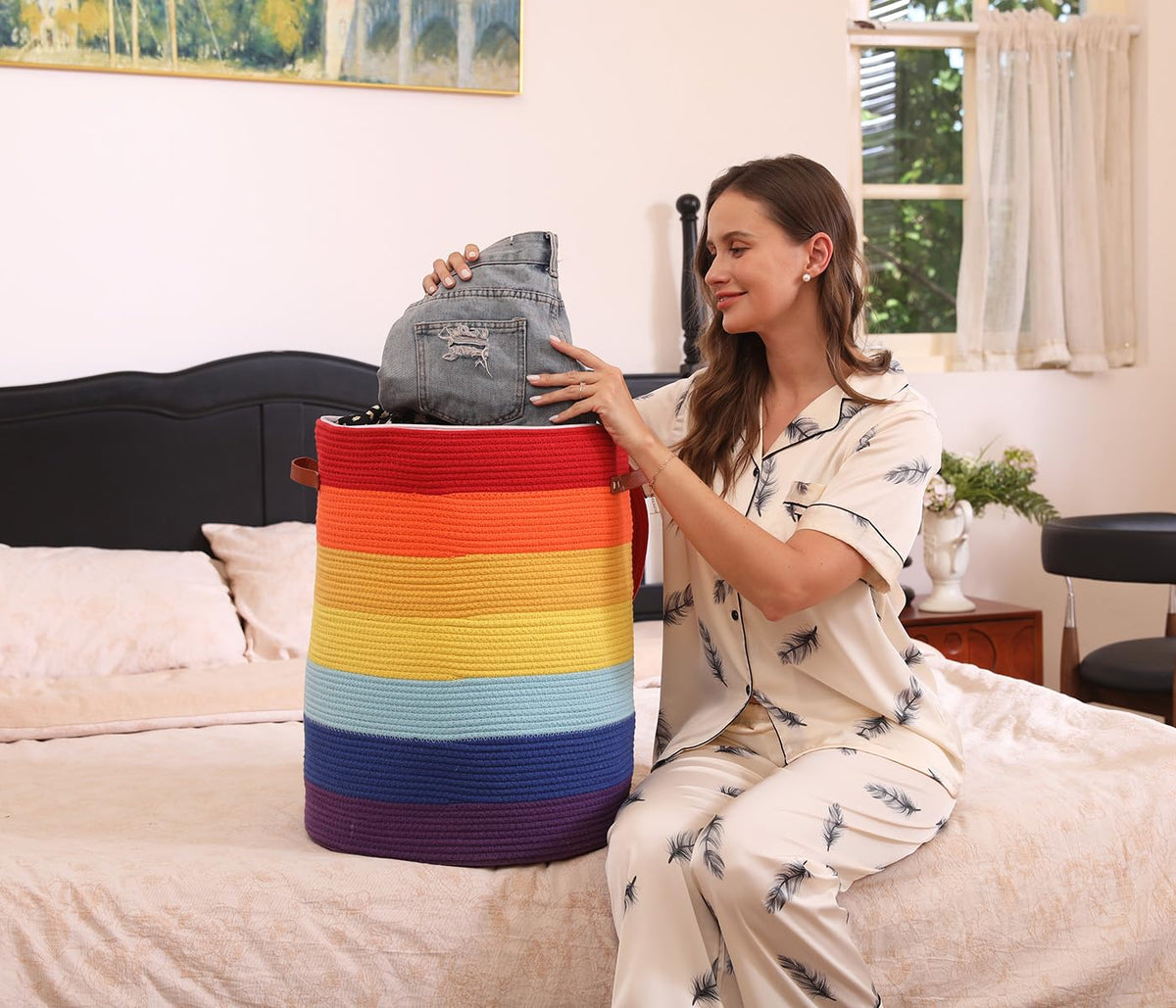 16"x20" Extra Large Cotton Rope Basket with Zipper Lid, Woven Laundry Hamper and Blanket Storage Basket, Round Clothes Bin for Living Room Bedroom, Rainbow Multicolor