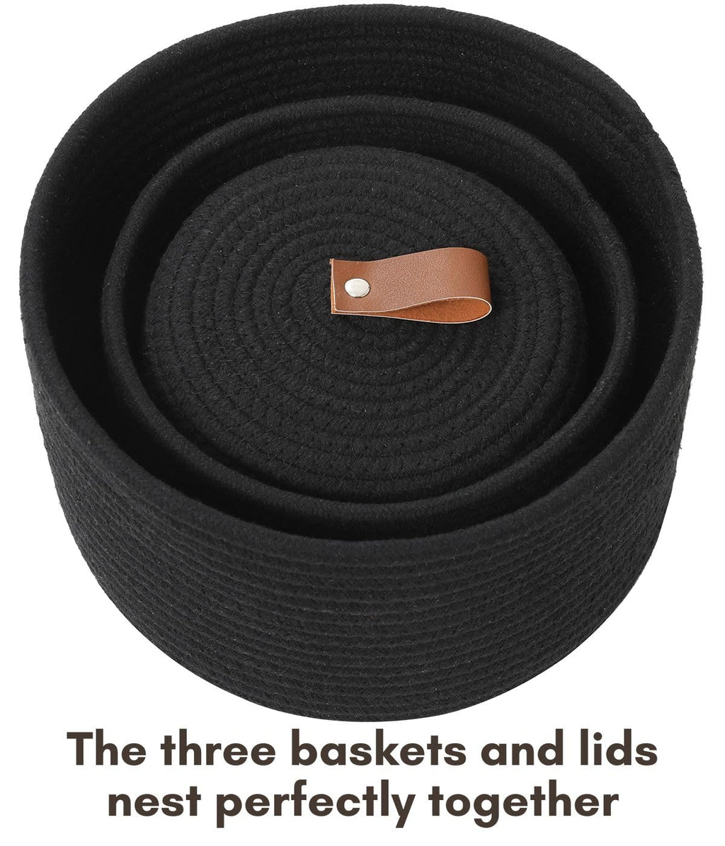 Set of 3 Small Woven Baskets with Lids, Cotton Rope Round Nesting Storage Basket Set for Shelf Nightstand Bathroom, 10x6 8x5 6x4 Inch, Black