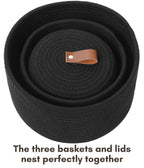 Set of 3 Small Woven Baskets with Lids, Cotton Rope Round Nesting Storage Basket Set for Shelf Nightstand Bathroom, 10x6 8x5 6x4 Inch, Black
