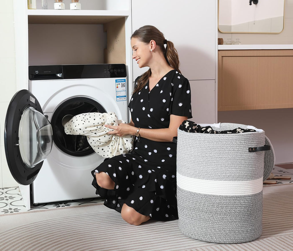 16"x20" Extra Large Cotton Rope Basket with Zipper Lid, Woven Laundry Hamper and Blanket Storage Basket, Round Clothes Bin for Living Room Bedroom, Dual Grey