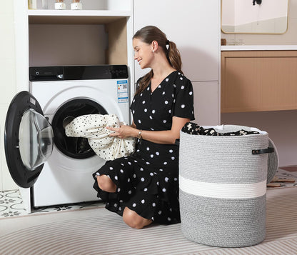 16"x20" Extra Large Cotton Rope Basket with Zipper Lid, Woven Laundry Hamper and Blanket Storage Basket, Round Clothes Bin for Living Room Bedroom, Dual Grey