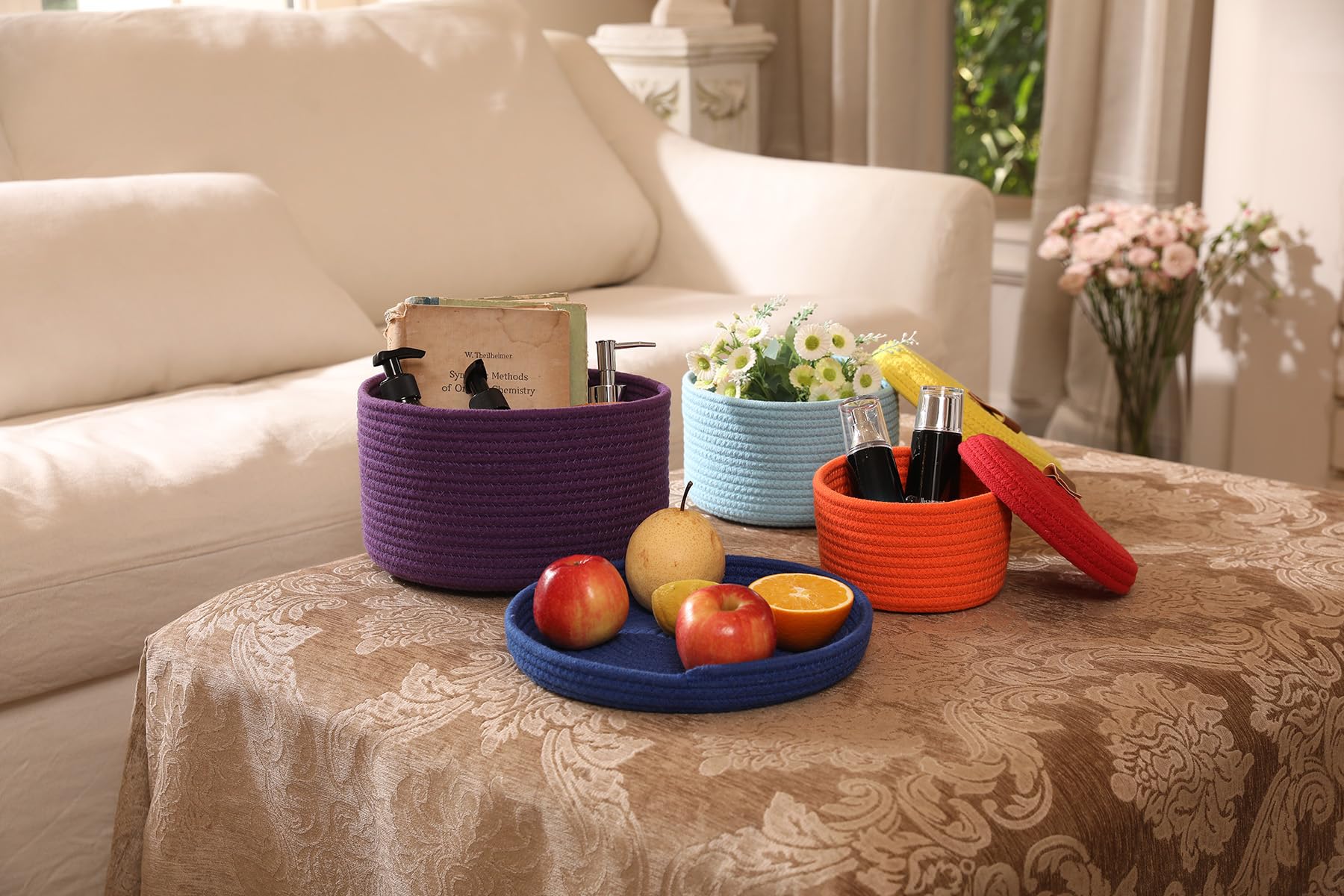 Set of 3 Small Woven Baskets with Lids, Cotton Rope Round Nesting Storage Basket Set for Shelf Nightstand Bathroom, 10x6 8x5 6x4 Inch, Rainbow Multicolor