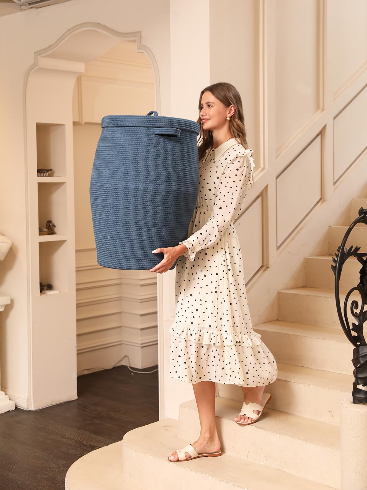 26"x20" Extra Large Tall Woven Laundry Basket with Lid, Cotton Rope Blanket Storage Basket, Freestanding Decorative Bin for Bedroom Living Room, Denim Blue