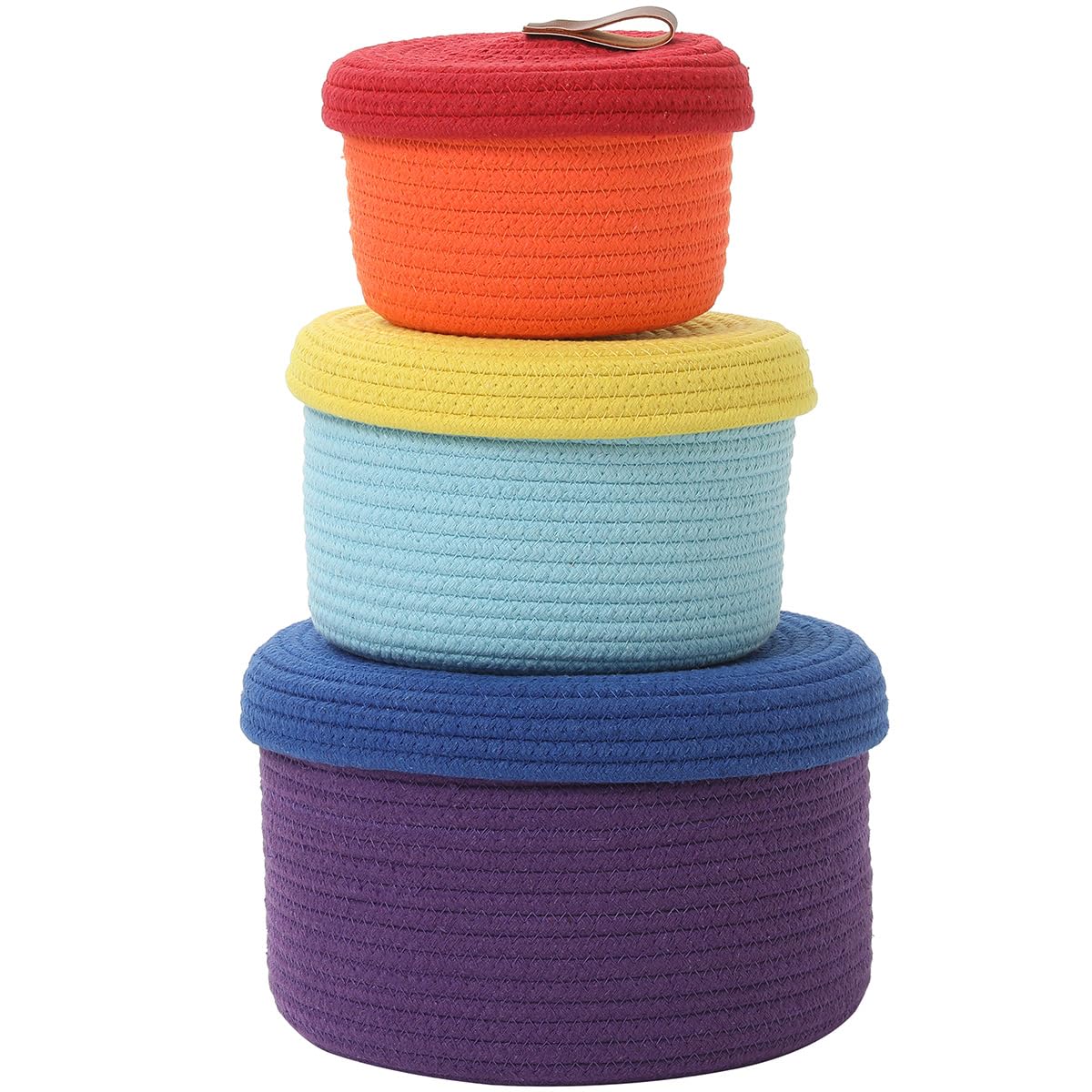 Set of 3 Small Woven Baskets with Lids, Cotton Rope Round Nesting Storage Basket Set for Shelf Nightstand Bathroom, 10x6 8x5 6x4 Inch, Rainbow Multicolor