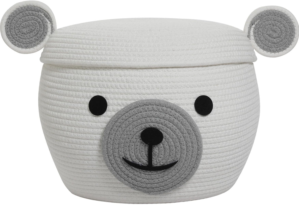 15x12 Inch Bear Hamper with Lid, Handcrafted Cotton Rope Animal Storage Basket, Woven Teddy Bear Bin for Kids Bedroom Playroom, White