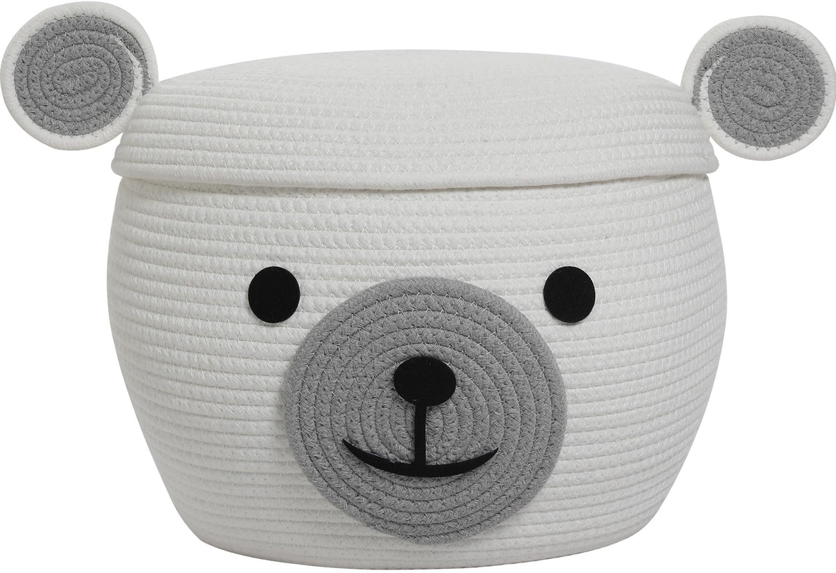 15x12 Inch Bear Hamper with Lid, Handcrafted Cotton Rope Animal Storage Basket, Woven Teddy Bear Bin for Kids Bedroom Playroom, White