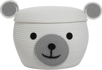 15x12 Inch Bear Hamper with Lid, Handcrafted Cotton Rope Animal Storage Basket, Woven Teddy Bear Bin for Kids Bedroom Playroom, White