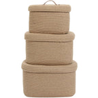 Set of 3 Nesting Woven Storage Baskets with Lids, Cotton Rope Decorative Basket Set for Shelf Closet Living Room Organizing, Rectangular Natural Jute
