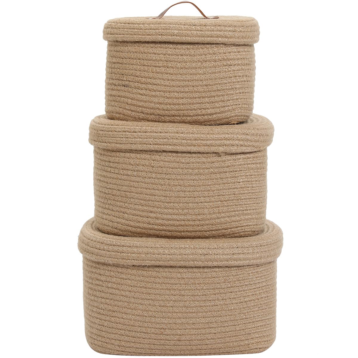 Set of 3 Nesting Woven Storage Baskets with Lids, Cotton Rope Decorative Basket Set for Shelf Closet Living Room Organizing, Rectangular Natural Jute