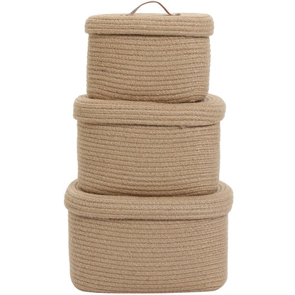 Set of 3 Nesting Woven Storage Baskets with Lids, Cotton Rope Decorative Basket Set for Shelf Closet Living Room Organizing, Rectangular Natural Jute
