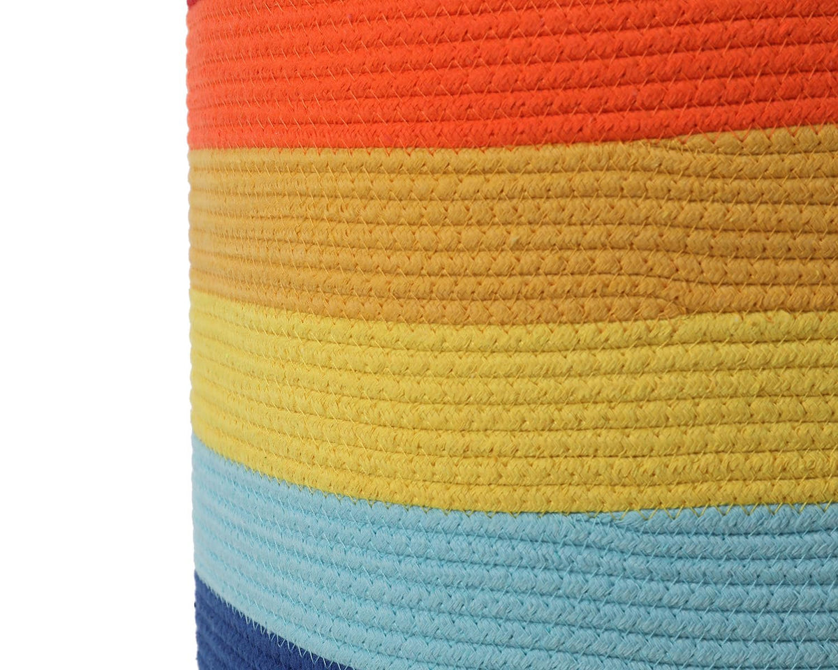 16"x20" Extra Large Cotton Rope Basket with Zipper Lid, Woven Laundry Hamper and Blanket Storage Basket, Round Clothes Bin for Living Room Bedroom, Rainbow & White