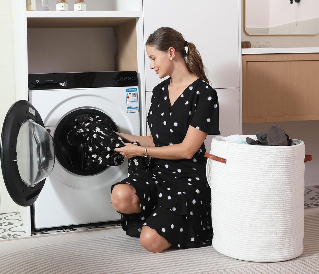 16"x20" Extra Large Cotton Rope Basket with Zipper Lid, Woven Laundry Hamper and Blanket Storage Basket, Round Clothes Bin for Living Room Bedroom, White