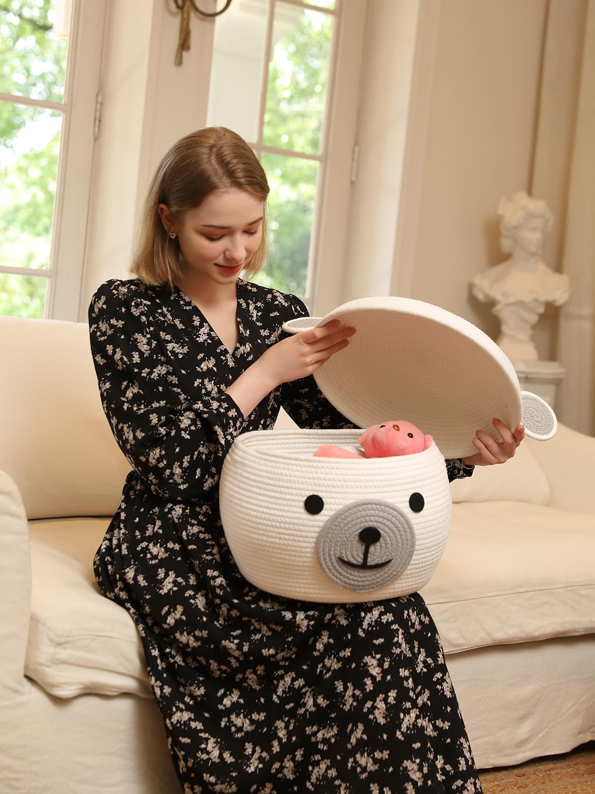 15x12 Inch Bear Hamper with Lid, Handcrafted Cotton Rope Animal Storage Basket, Woven Teddy Bear Bin for Kids Bedroom Playroom, White