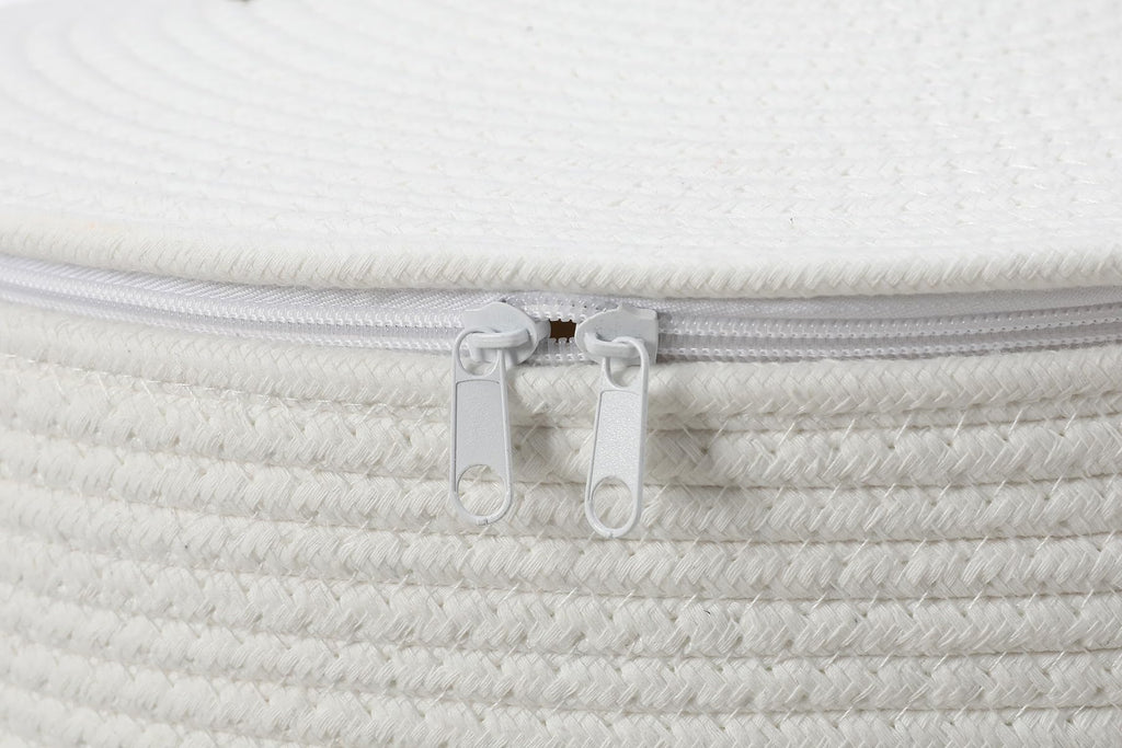 16"x20" Extra Large Cotton Rope Basket with Zipper Lid, Woven Laundry Hamper and Blanket Storage Basket, Round Clothes Bin for Living Room Bedroom, White