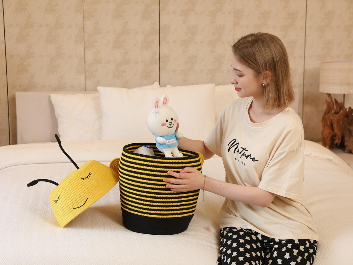 12x18 Inch Bee Basket with Lid, Handcrafted Cotton Rope Animal Storage Bin, Striped Bumble Bee Decor for Kids Bedroom Playroom, Yellow