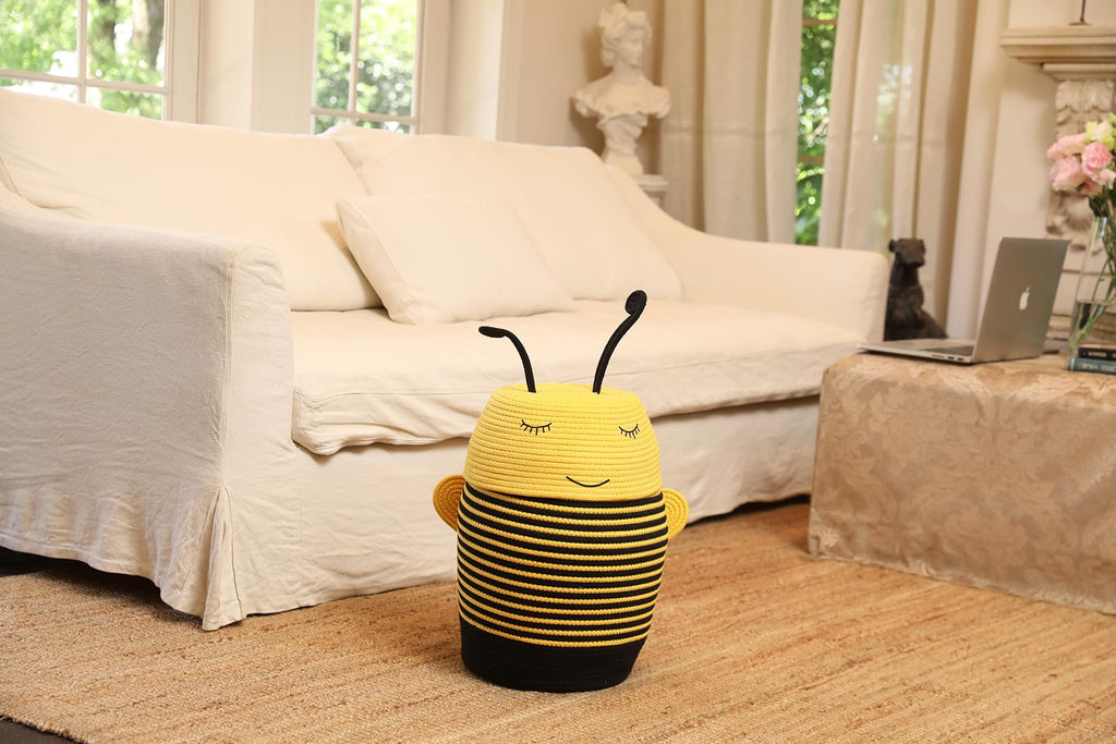 12x18 Inch Bee Basket with Lid, Handcrafted Cotton Rope Animal Storage Bin, Striped Bumble Bee Decor for Kids Bedroom Playroom, Yellow