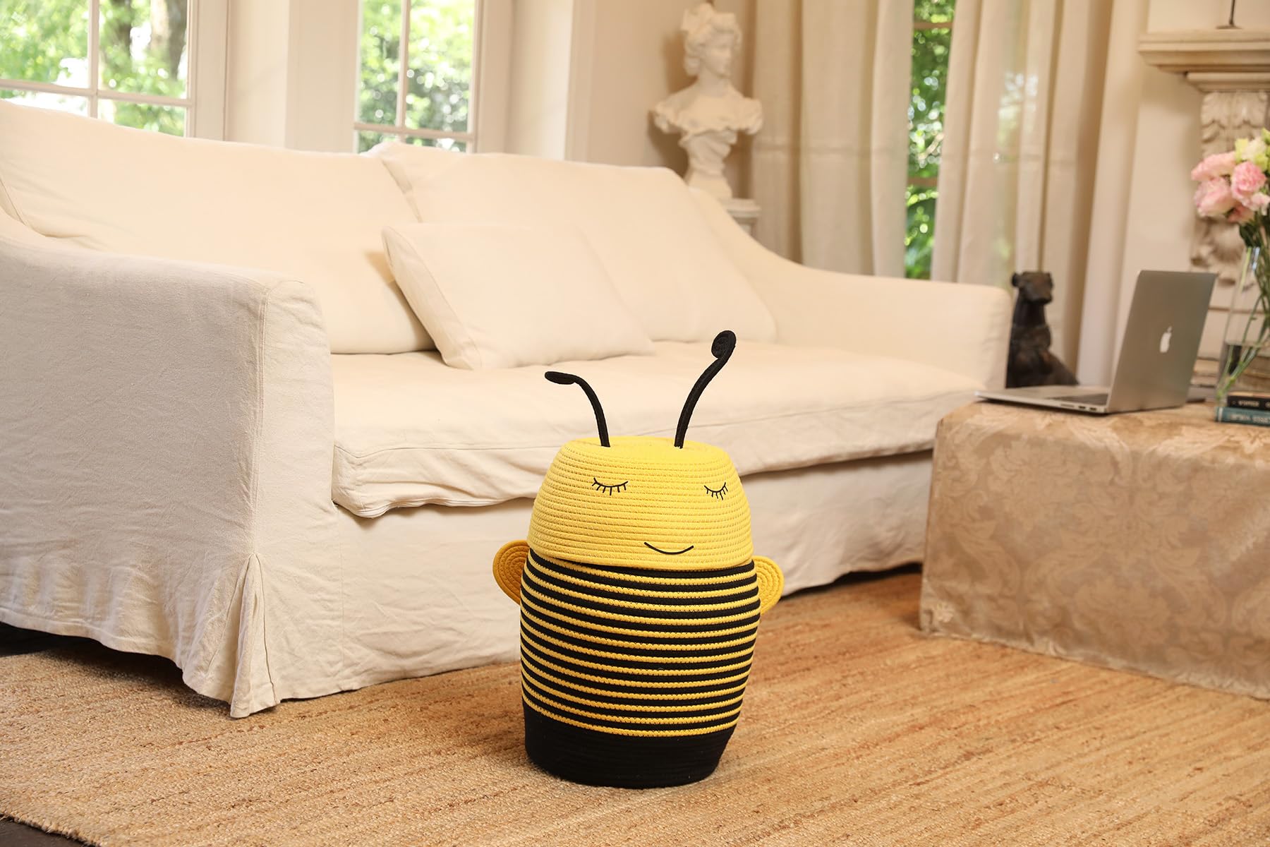 12x18 Inch Bee Basket with Lid, Handcrafted Cotton Rope Animal Storage Bin, Striped Bumble Bee Decor for Kids Bedroom Playroom, Yellow