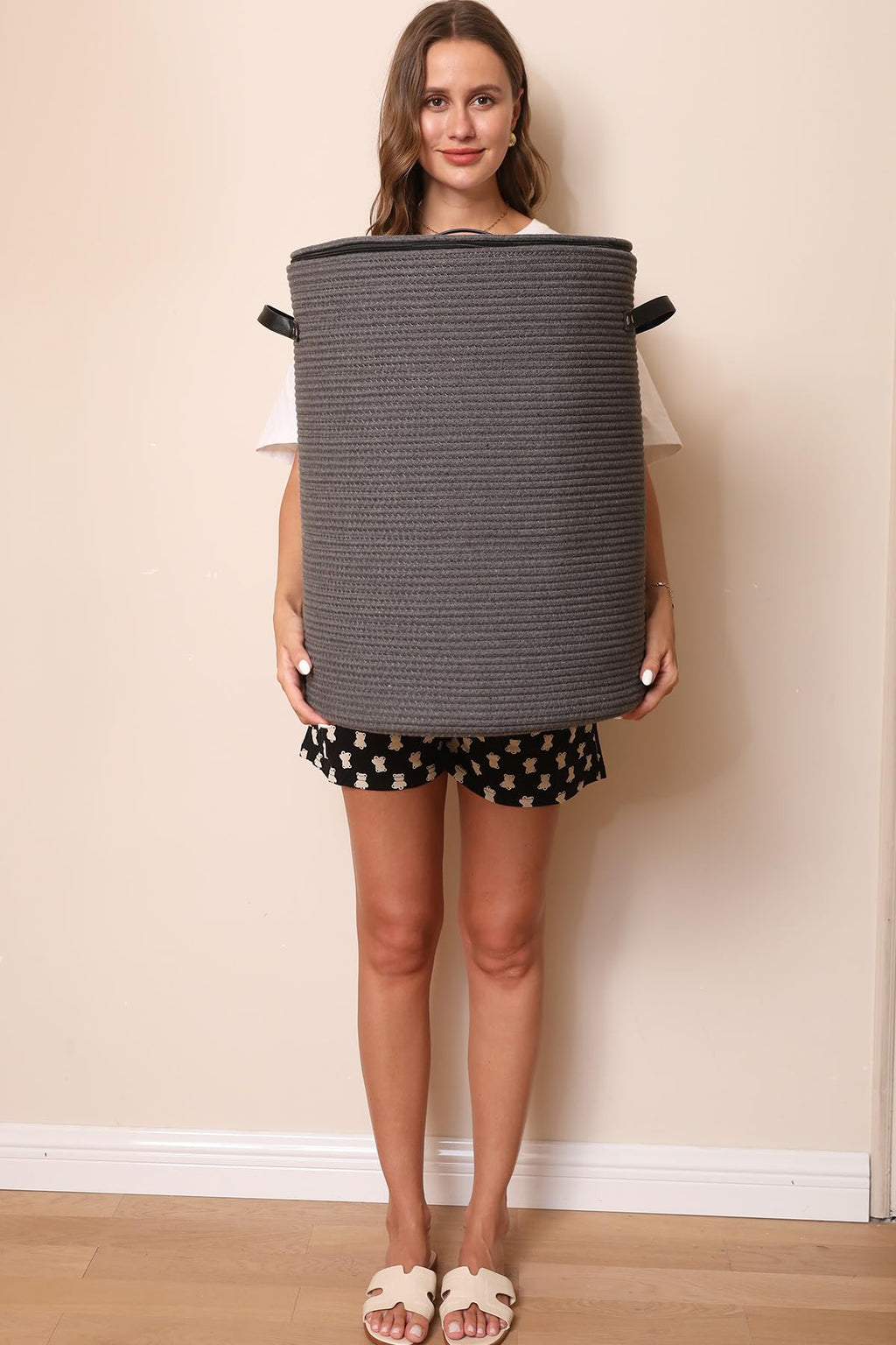 16"x20" Extra Large Cotton Rope Basket with Zipper Lid, Woven Laundry Hamper and Blanket Storage Basket, Round Clothes Bin for Living Room Bedroom, Dark Grey