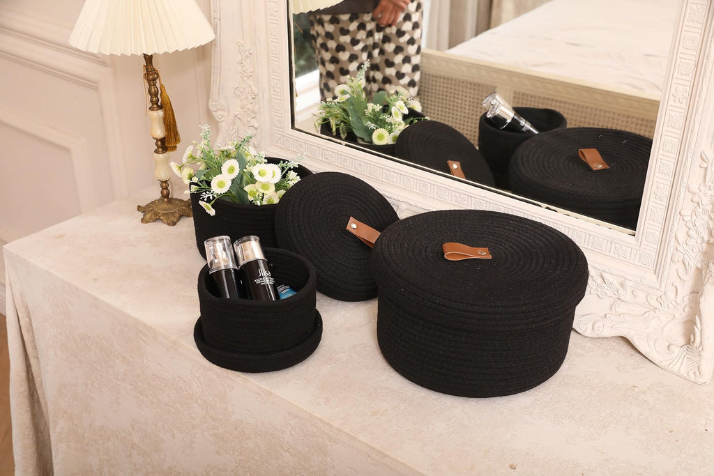 Set of 3 Small Woven Baskets with Lids, Cotton Rope Round Nesting Storage Basket Set for Shelf Nightstand Bathroom, 10x6 8x5 6x4 Inch, Black
