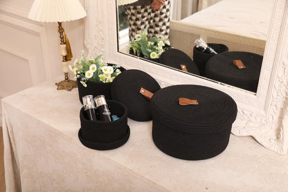 Set of 3 Small Woven Baskets with Lids, Cotton Rope Round Nesting Storage Basket Set for Shelf Nightstand Bathroom, 10x6 8x5 6x4 Inch, Black