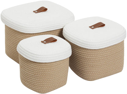 Set of 3 Nesting Woven Storage Baskets with Lids, Cotton Rope Decorative Basket Set for Shelf Closet Living Room Organizing, Square Beige & White