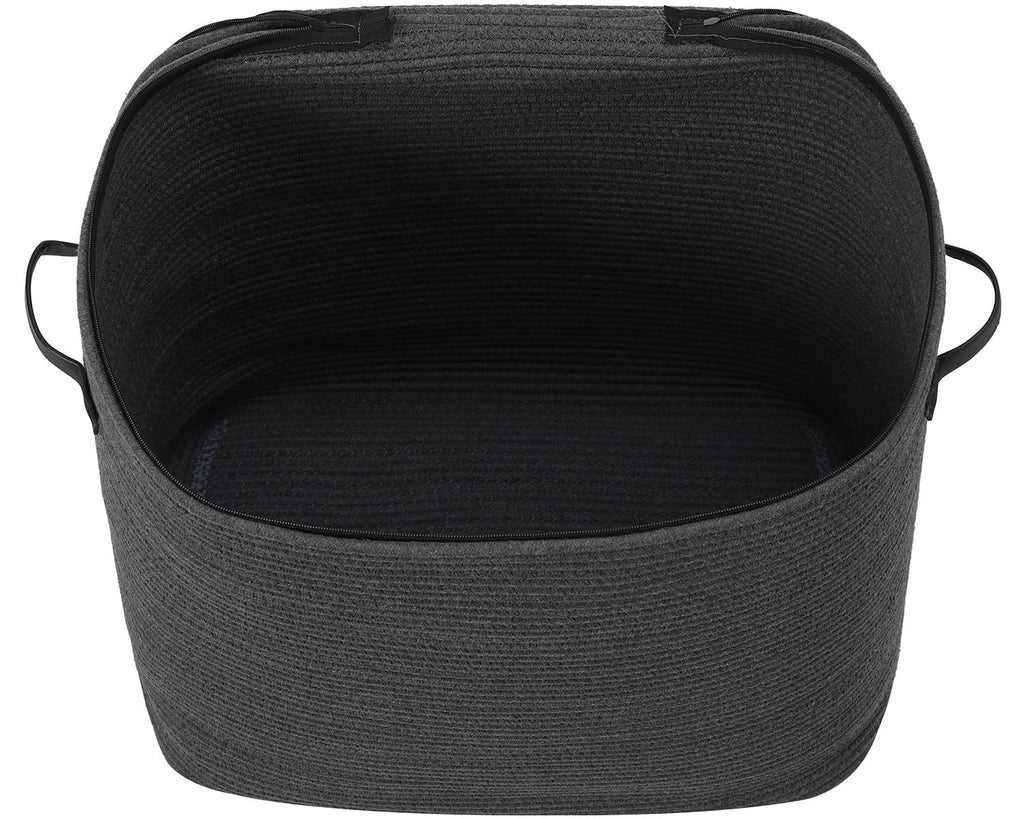 22x14x18 Inch Extra Large Rectangular Cotton Rope Basket with Zipper Lid, Decorative Blanket Storage Chest for Living Room Bedroom, Dark Grey