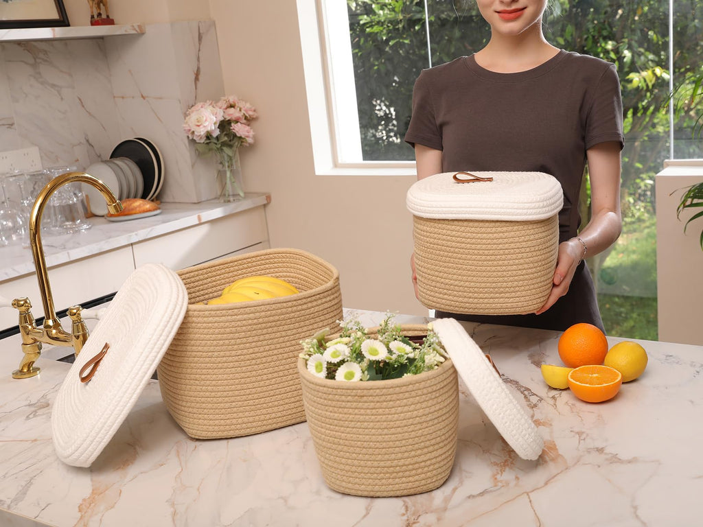 Set of 3 Nesting Woven Storage Baskets with Lids, Cotton Rope Decorative Basket Set for Shelf Closet Living Room Organizing, Square Beige & White
